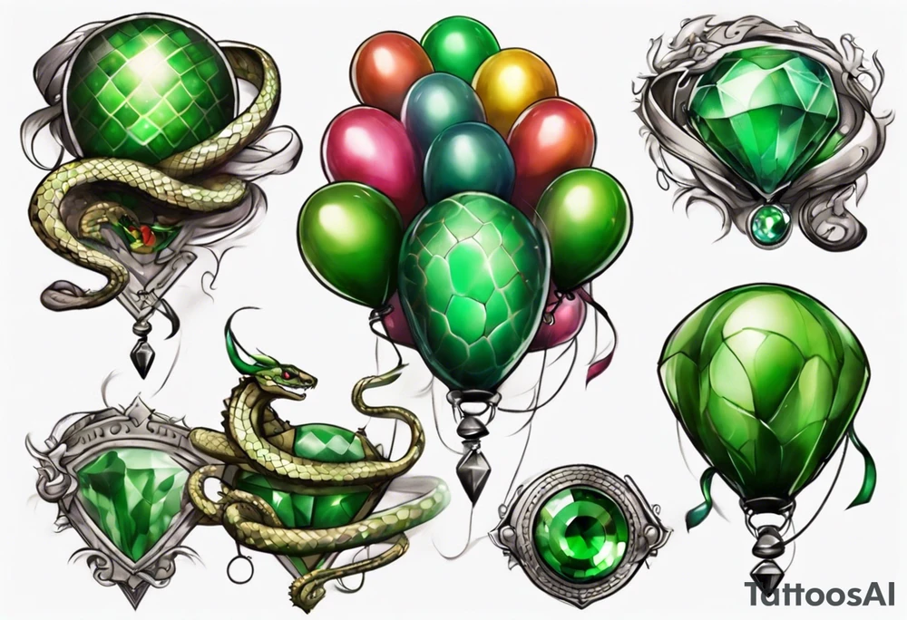 regius python with colored ballons aside and a green gem on the other side tattoo idea