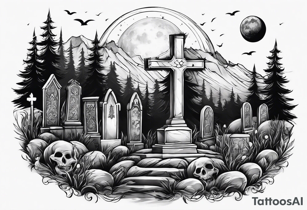 Graveyard with moon and smoke  on hills tattoo idea