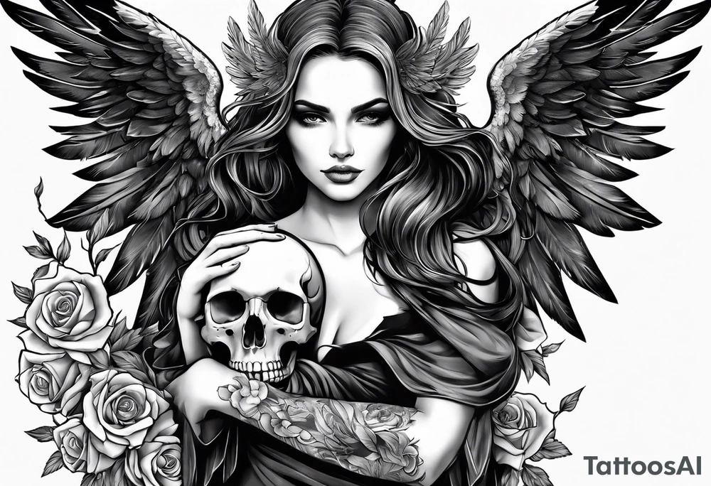 Angel in black holding a skull tattoo idea