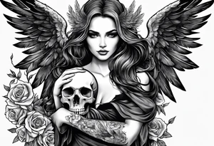 Angel in black holding a skull tattoo idea