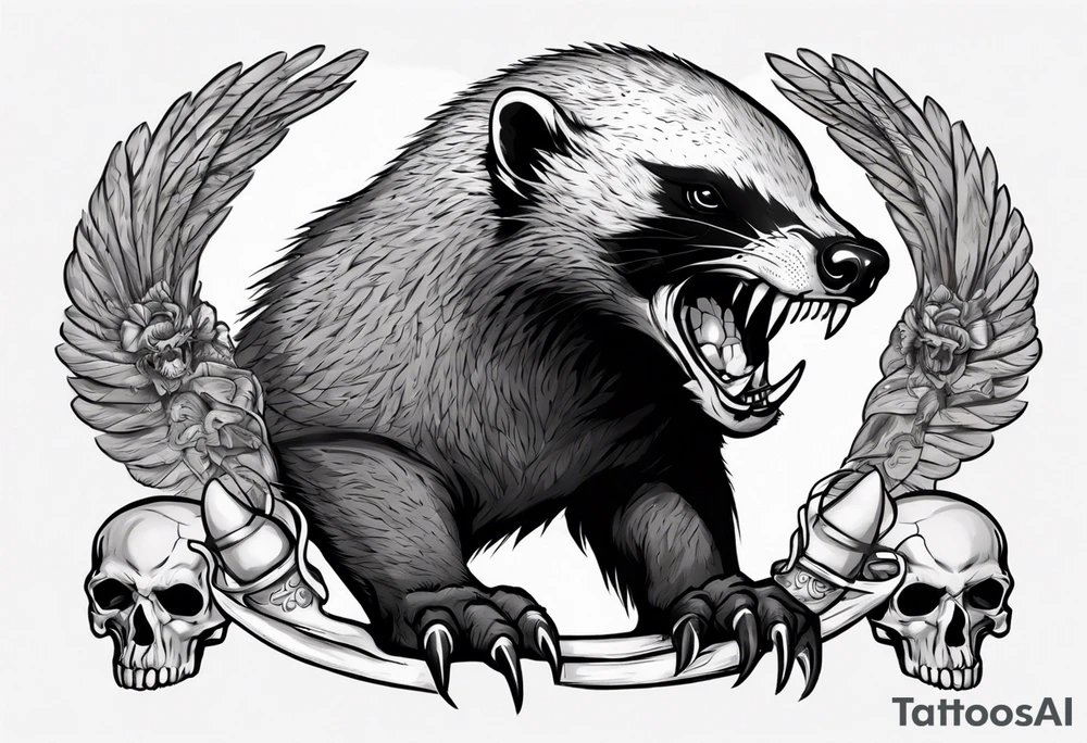 An angry, snarling, detailed honey badger with its muzzle forward against the background of skulls collected in wings tattoo idea