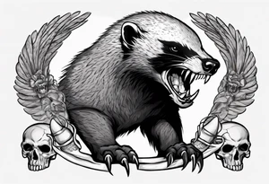 An angry, snarling, detailed honey badger with its muzzle forward against the background of skulls collected in wings tattoo idea