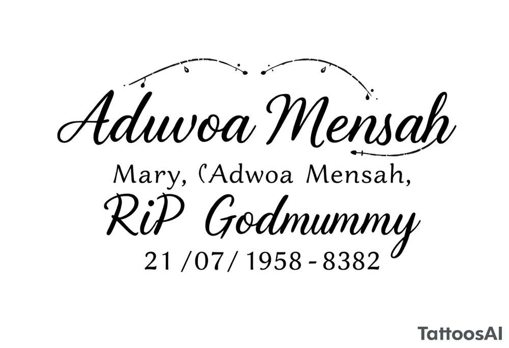 a message saying: Mary "Adwoa" Mensah, RIP Godmummy, 21/07/1958 - 28/07/2023 tattoo idea
