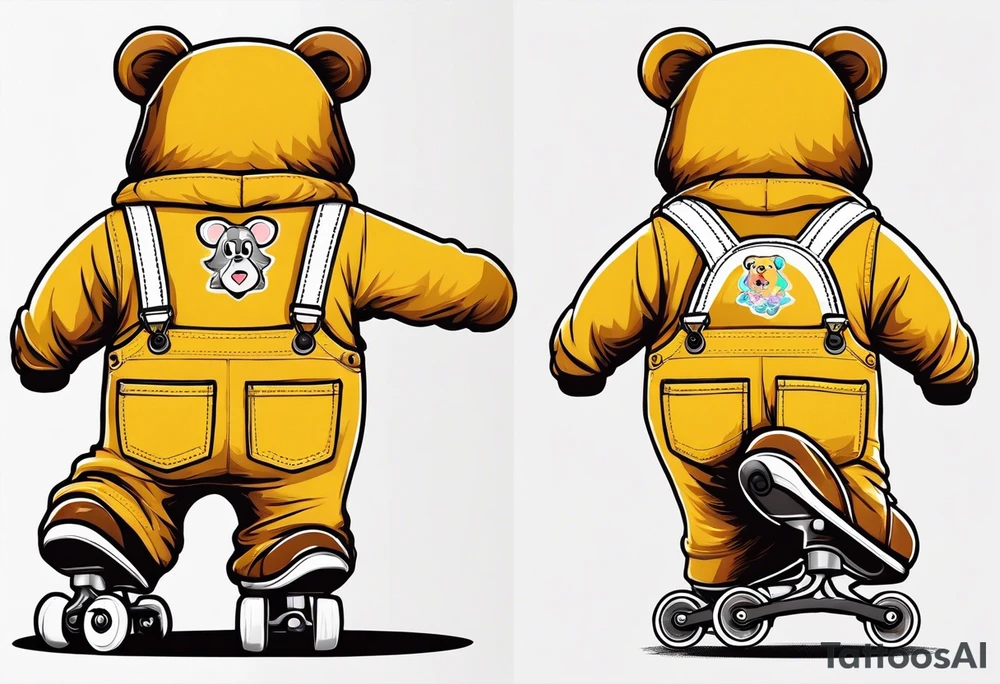 the back of one standing, skinny, brown ,
teddy bear in long, yellow overalls and white roller skates on his feet tattoo idea