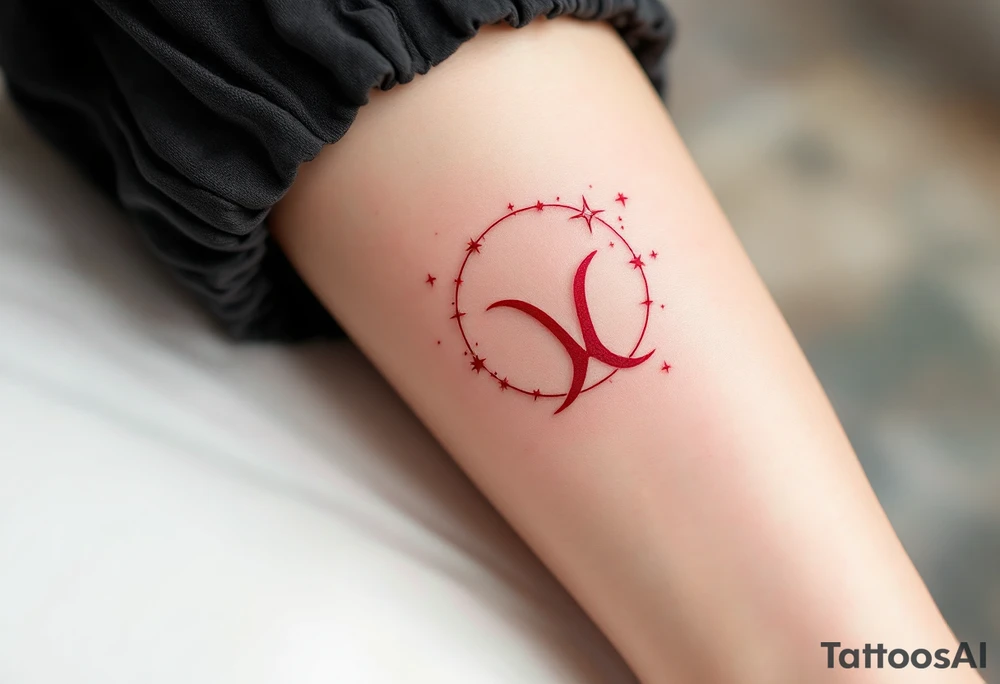 A bold Virgo sign in crimson red centers the arm with delicate white stars constelltion orbiting in its form. tattoo idea