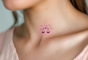 A tiny pink Libra symbol floats above a gradient Libra stars constellation fading from teal to violet. tattoo idea