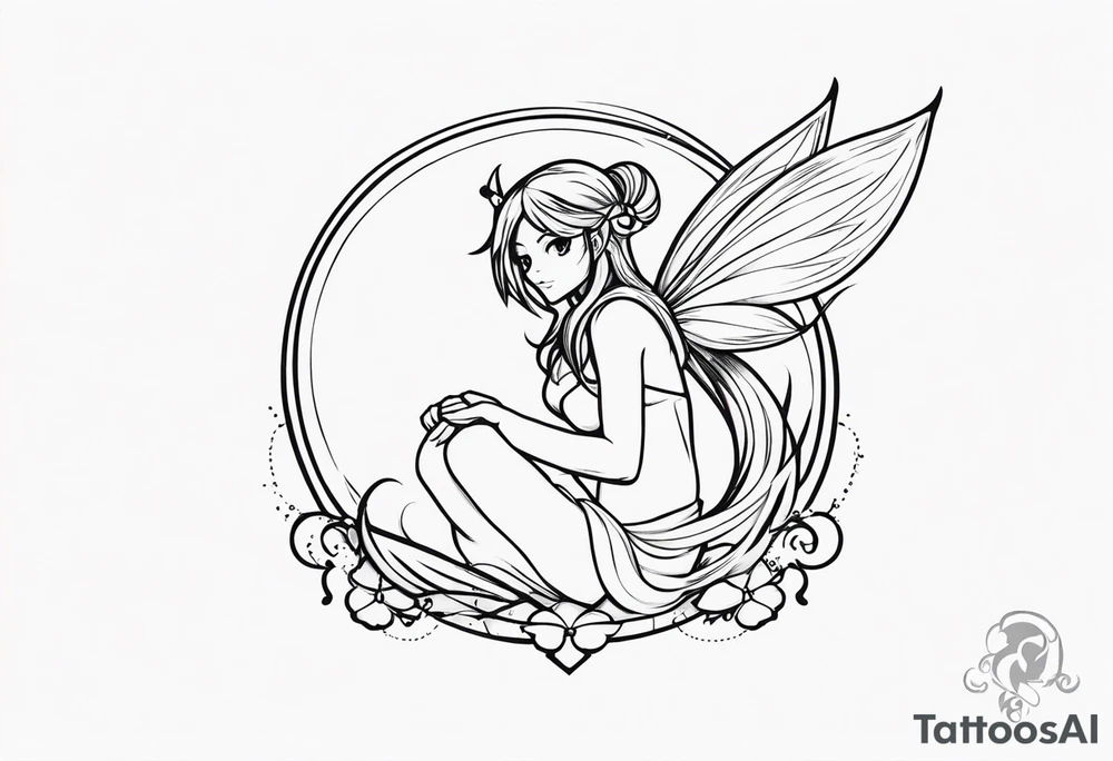 A fairy with a tail inspired by the logo of the show called Fairy Tail in a fetal position leaning in tattoo idea