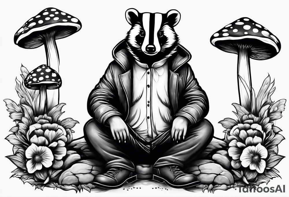 Badger in a coat sitting on a mushroom tattoo idea