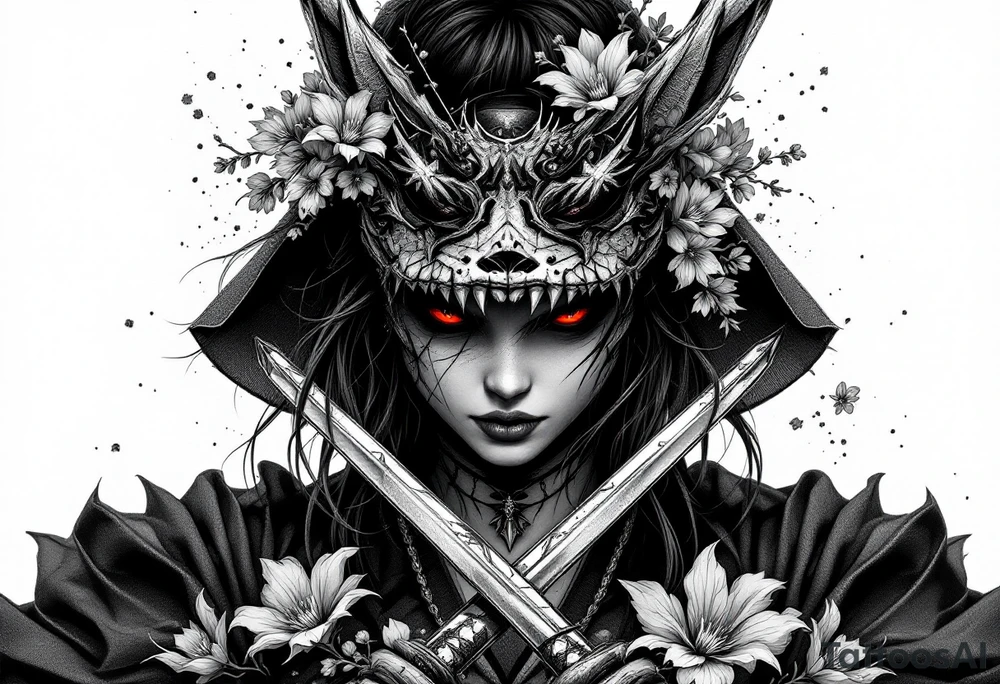 Woman samurai with red eyes wearing an half and broken kitsune mask, holding 
two katana and Sakura flowers ornement
Tatoo is for upper arm tattoo idea