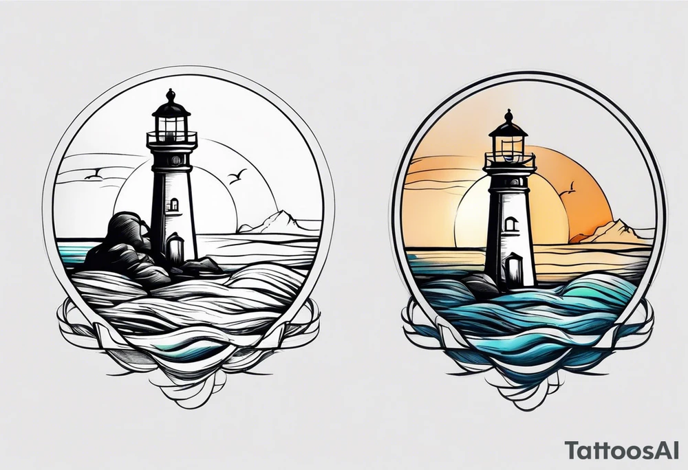 farol em meio ao oceano com farol aceso tattoo idea