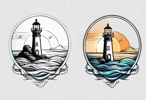 farol em meio ao oceano com farol aceso tattoo idea