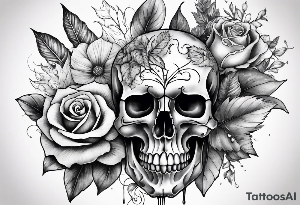 Front knee tattoo with fall colors, small flowers, rose, devil skull, leaves, blue water flows with washes and background tattoo idea