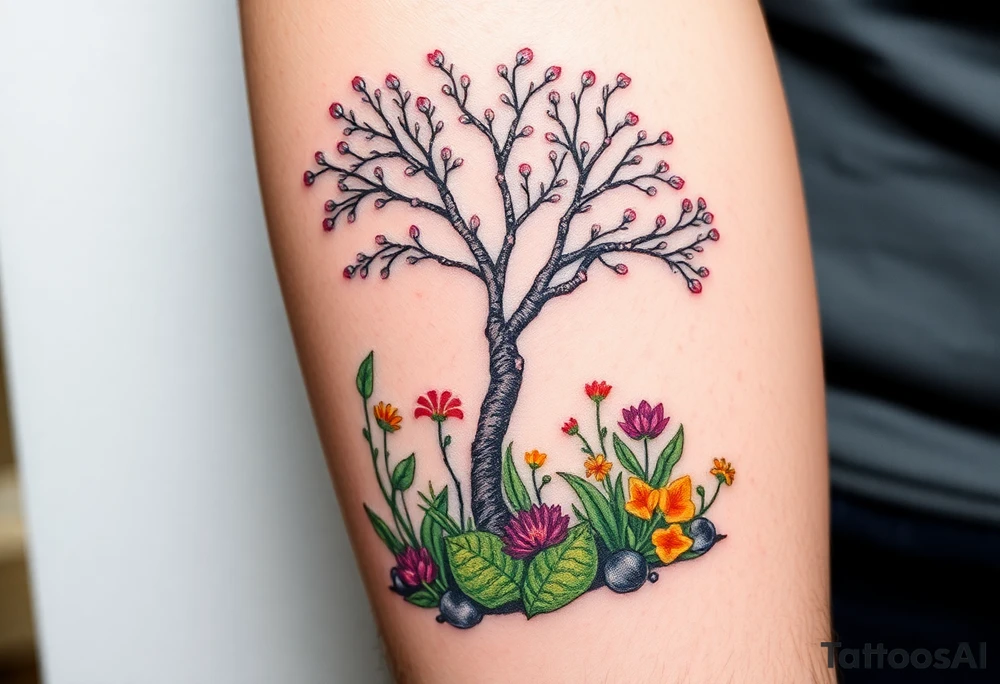 Lilly of the vally plants underneath a blooming hawthorn tree with other colorful plants on ground tattoo idea