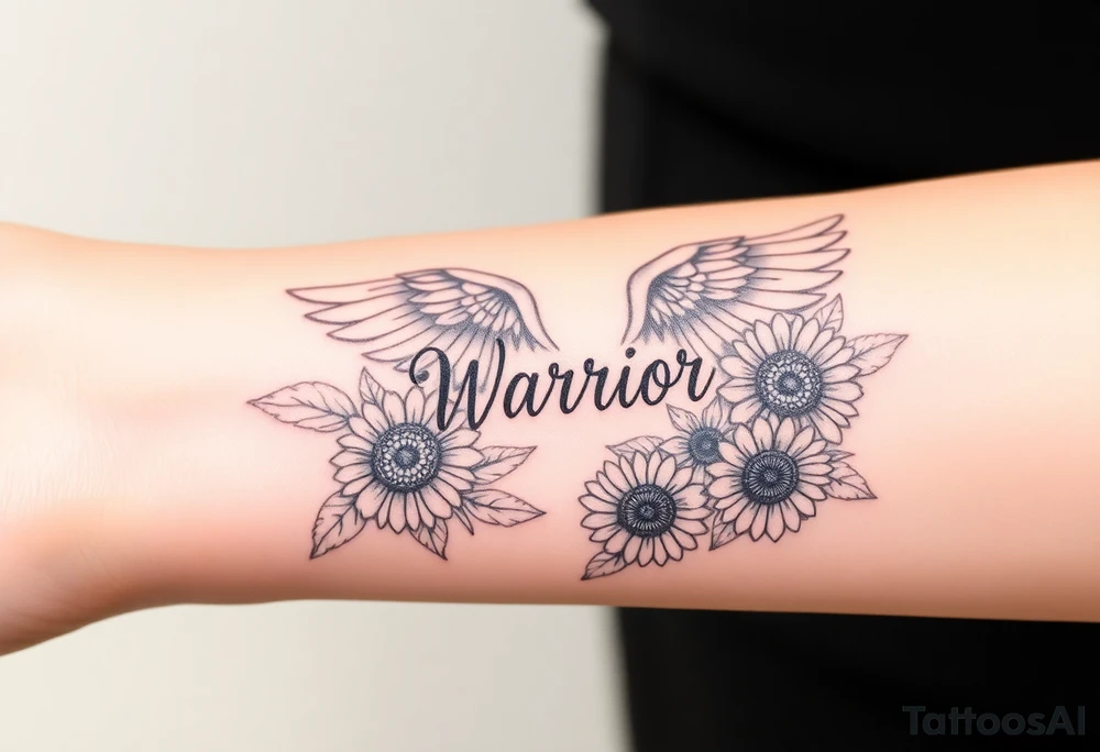 angel wing with word "Warrior" surrounded with sunflowers tattoo idea