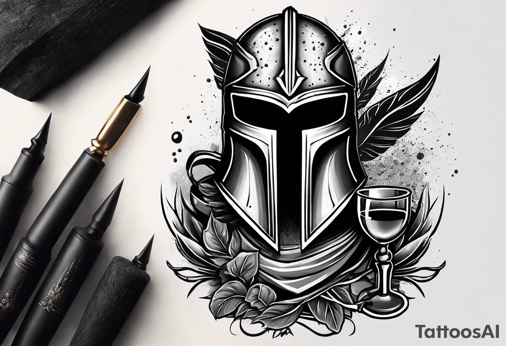 Create a faceless Spartan warrior helmet image. Behind the whole helmet is a simple weight. Below the helmet is a flying owl holding an old wine goblet and an hourglass with sand falling from it. tattoo idea