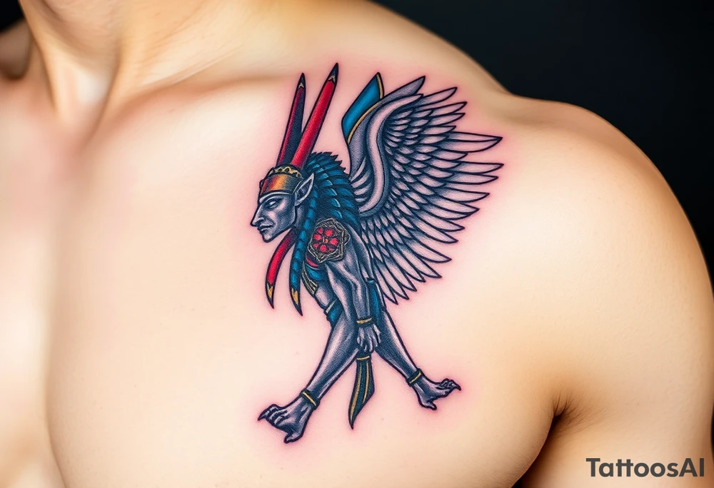 Anubis and a Guardian Angel Back to Back (only red , blue and black are possible colors) tattoo idea