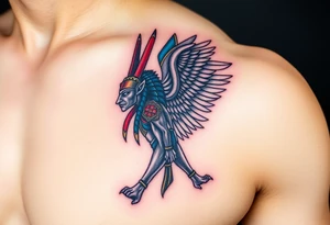 Anubis and a Guardian Angel Back to Back (only red , blue and black are possible colors) tattoo idea