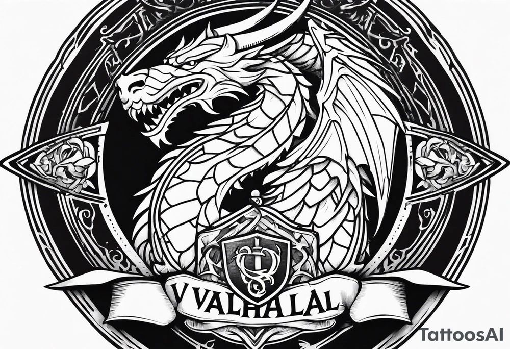 Valhalla sword shield dragon axe valkyrie tattoo idea