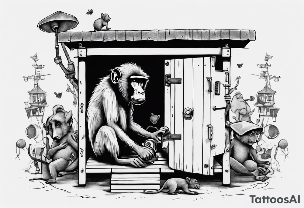 a baboon in a playhouse with mice tattoo idea