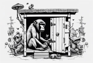 a baboon in a playhouse with mice tattoo idea