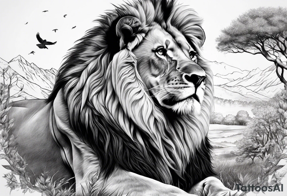 lion in nature with is family a tree tattoo idea