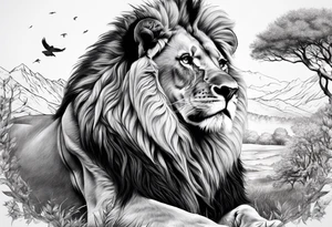 lion in nature with is family a tree tattoo idea
