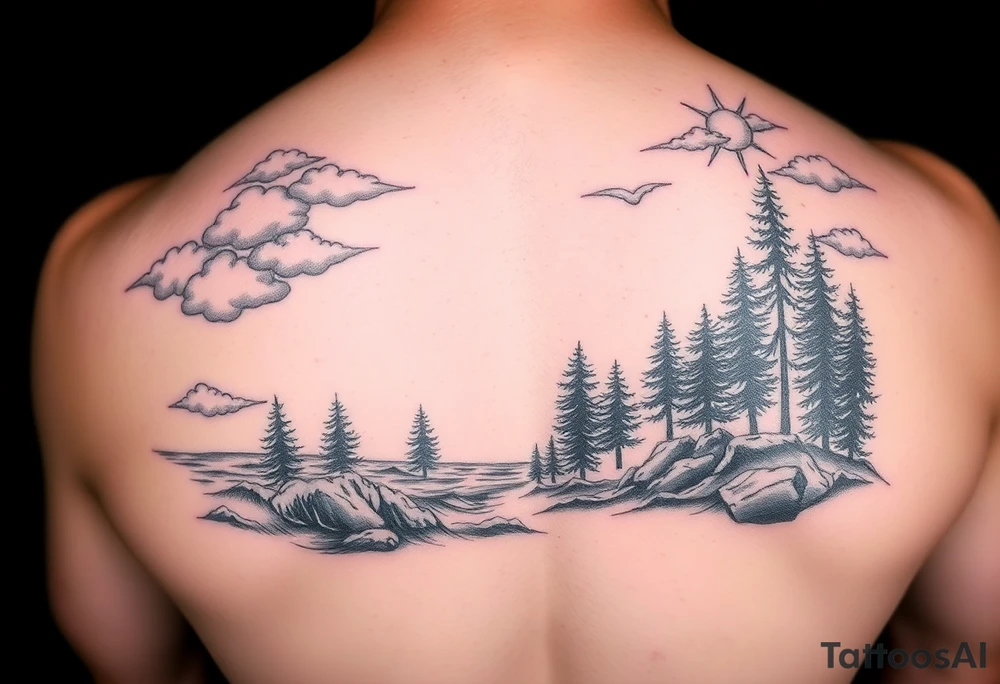 ocean and forrest with  trees an rainy clouds with lighting sleeve for arm and stars and clouds tattoo idea