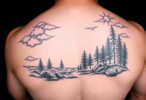 ocean and forrest with  trees an rainy clouds with lighting sleeve for arm and stars and clouds tattoo idea