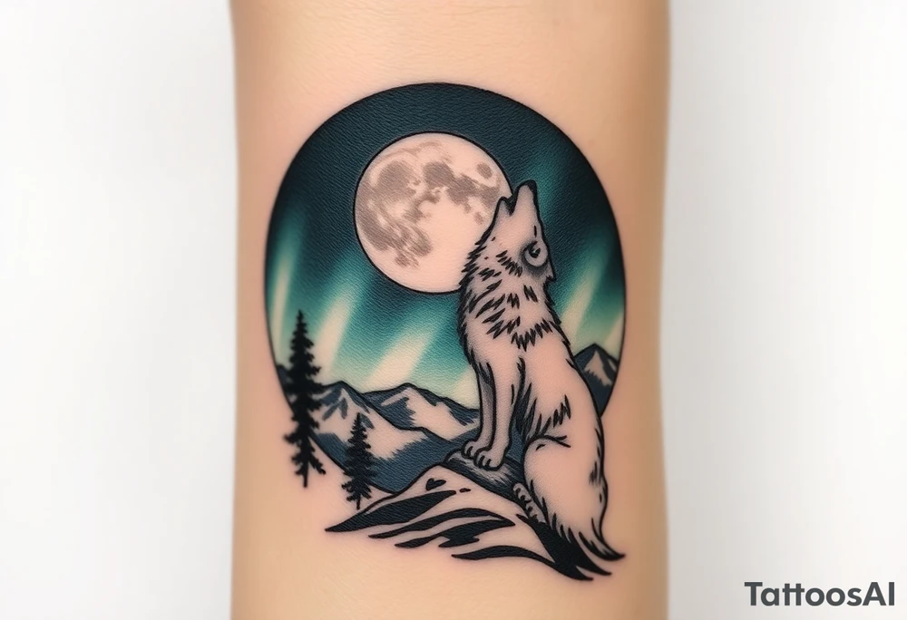 lone wolf howling at full moon with northern lights backdrop tattoo idea