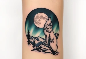 lone wolf howling at full moon with northern lights backdrop tattoo idea