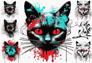 Black cat in the style of Banksy and Xoil, acquarel,  abstract, red and cyan, fractal, tattoo idea