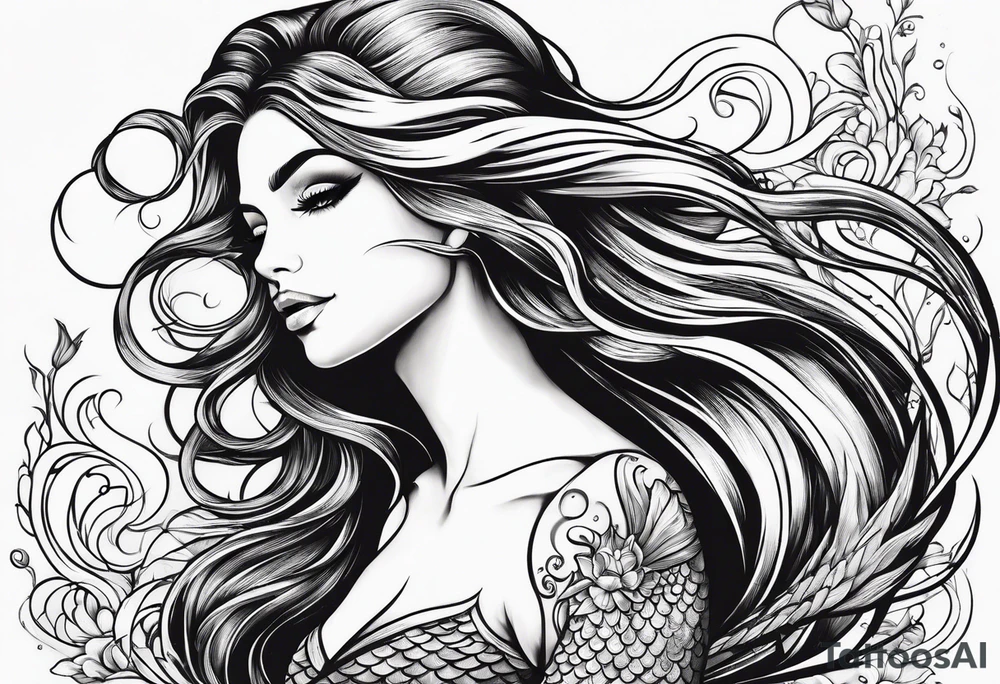 sexy full bodied mermaid with flowing tail and hair, tattoo sleeve tattoo idea