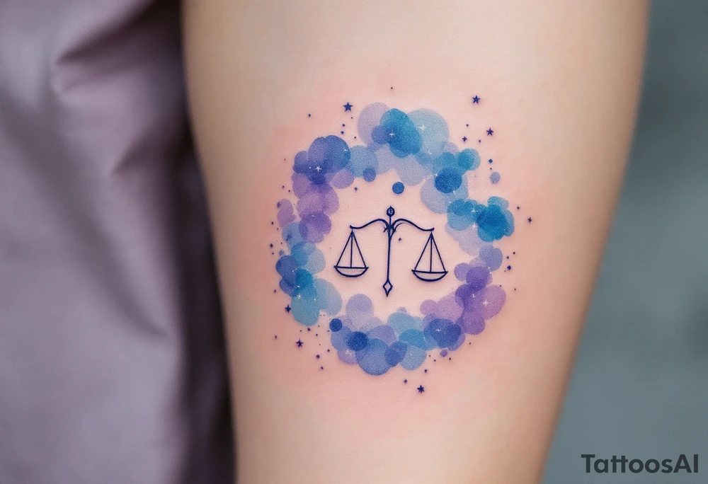 Soft watercolor shades of blue and lavender cradle the Libra star constellation pattern beneath a minimalist zodiac symbol tattoo idea