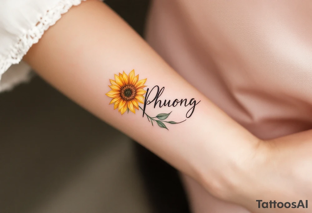 Word "Phuong" written with sunflower tattoo idea