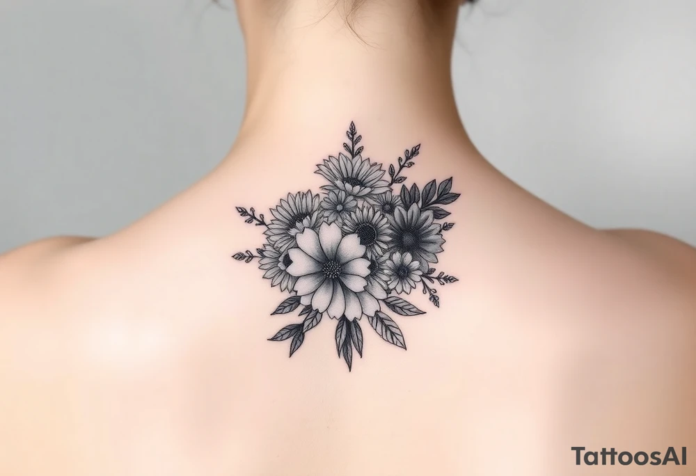 Honeysuckle, marigold, chrysanthemum, and violet bouquet tattoo idea