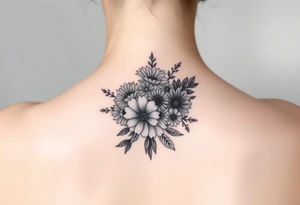 Honeysuckle, marigold, chrysanthemum, and violet bouquet tattoo idea