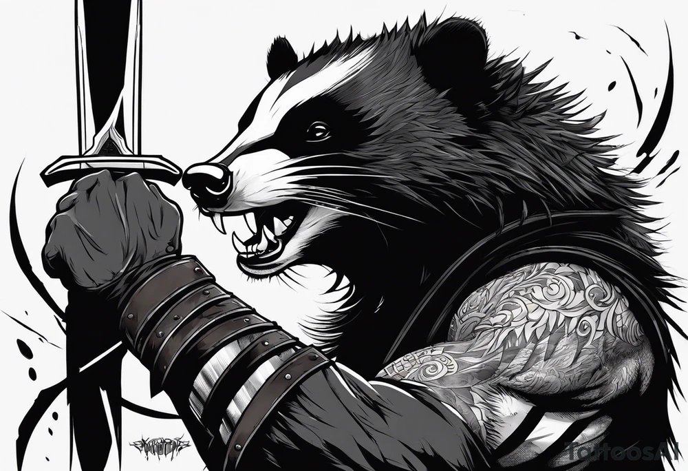 Draw me psychopath Badger/Wolverine with aggressive full body, killer face with a scary smile, very long nails and he attacks like a Bloody Assassin/Warrior/Gladiator to us and also, he has very deadly looking. He fights with his nails. Everybody scares after their first sight. Give me horror type Badger Tattoo. I want to see his Realistic full body. tattoo idea