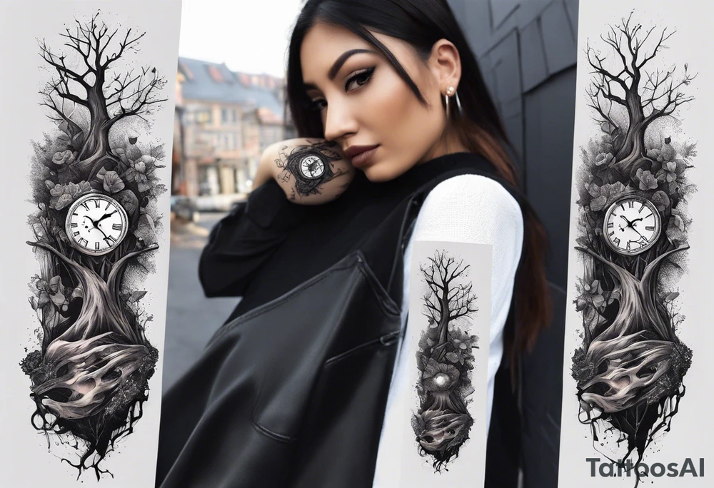 tattoo sleeve, tree roots break out of the chains at the bottom of the hand, Symbolizing loss, an image of a broken mask, Clock with flying numbers, girl, skull, roses tattoo idea