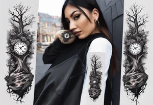 tattoo sleeve, tree roots break out of the chains at the bottom of the hand, Symbolizing loss, an image of a broken mask, Clock with flying numbers, girl, skull, roses tattoo idea