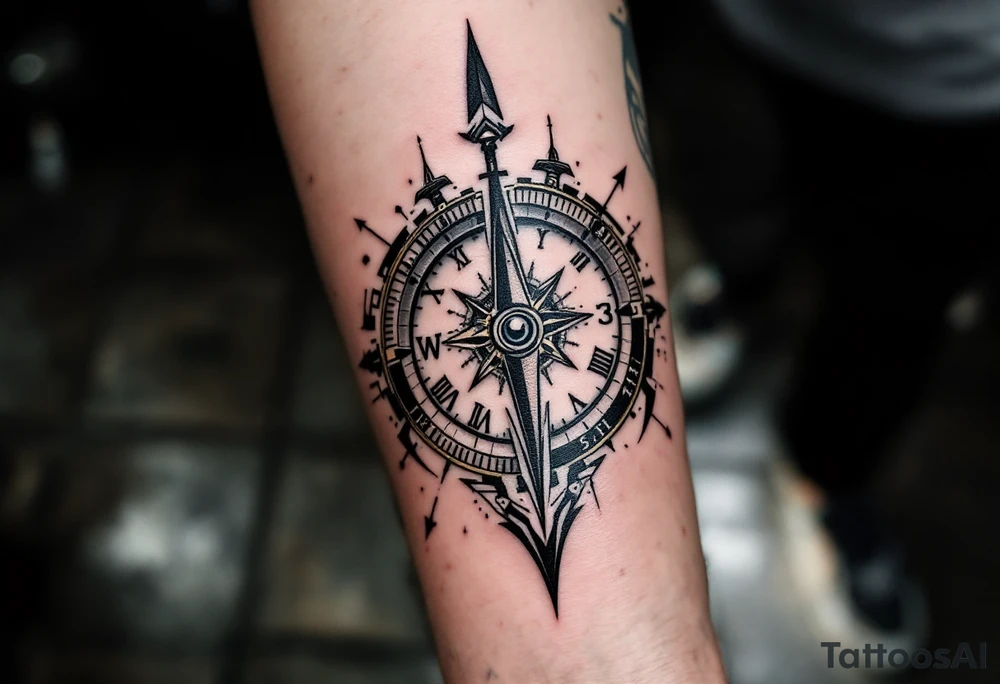 steampunk half compass half clock with a full length arrow pointing at my wrist and saying "Isaiah 40:31" tattoo idea