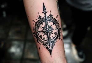 steampunk half compass half clock with a full length arrow pointing at my wrist and saying "Isaiah 40:31" tattoo idea