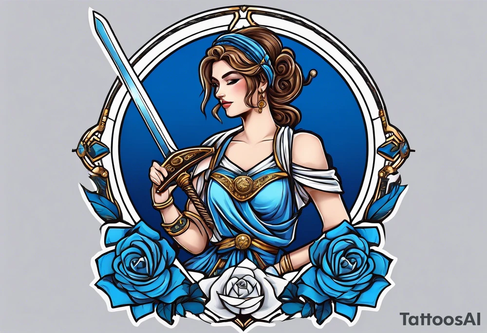 ancient rome clothes women, with Libra in one hand and a sword in the other, blue rose frames tattoo idea