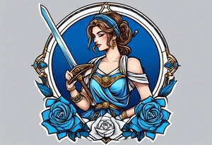 ancient rome clothes women, with Libra in one hand and a sword in the other, blue rose frames tattoo idea