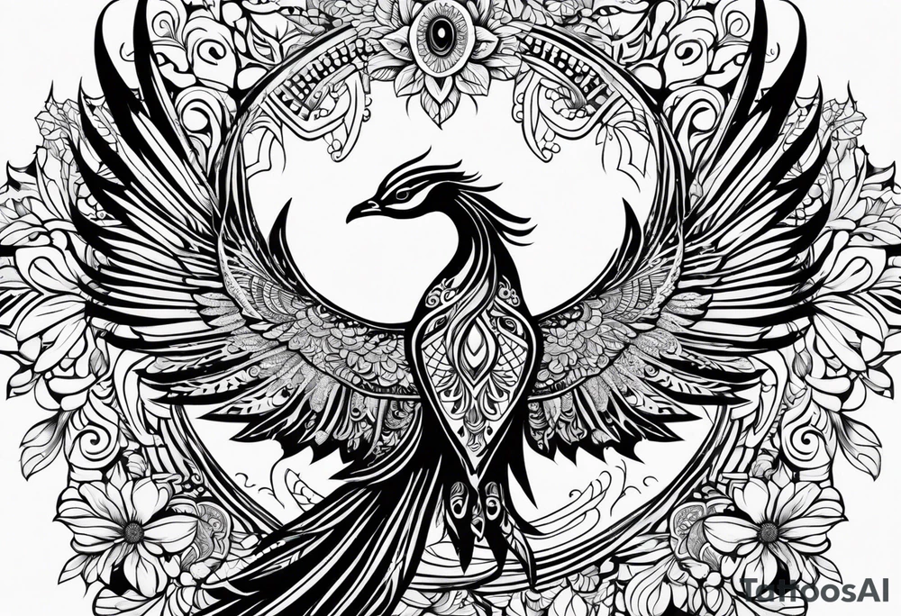 Tribal bohemian feminine impowering Phoenix rising with smoke, mandala sun, floral, lace background tattoo idea