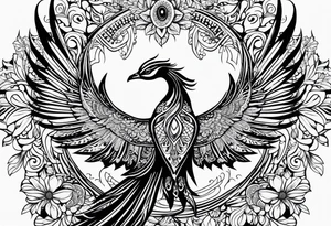 Tribal bohemian feminine impowering Phoenix rising with smoke, mandala sun, floral, lace background tattoo idea