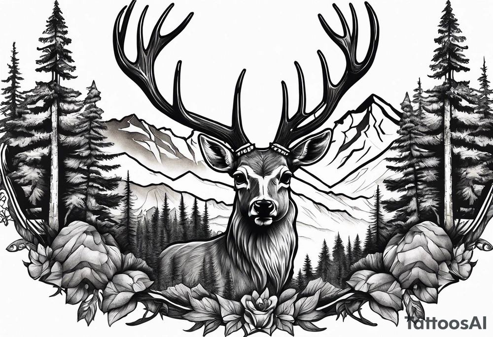 deer skull mountain trees tattoo idea