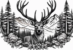 deer skull mountain trees tattoo idea