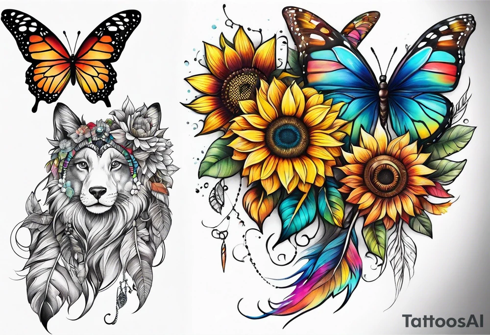 Quarter Leg sleeve with dreamcatcher, rainbow sunflowers and one butterfly tattoo idea