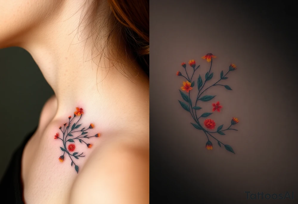 Two separate collarbone tattoos of long, thin stems and branches covered with red, orange, yellow and dark forest green leaves and flowers, muted and light, delicate and gentle but moody tattoo idea