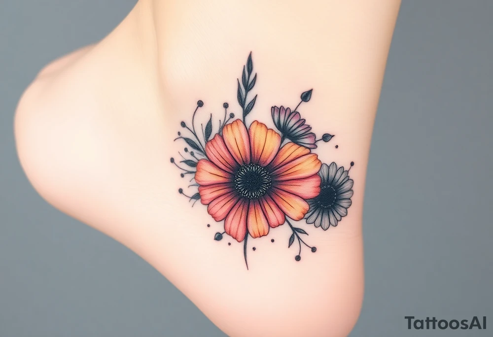 a watercolor tattoo with one rose, one lily, one marigold, and one cosmos flower. Half of it should be black and white and it should transition into rainbow tattoo idea